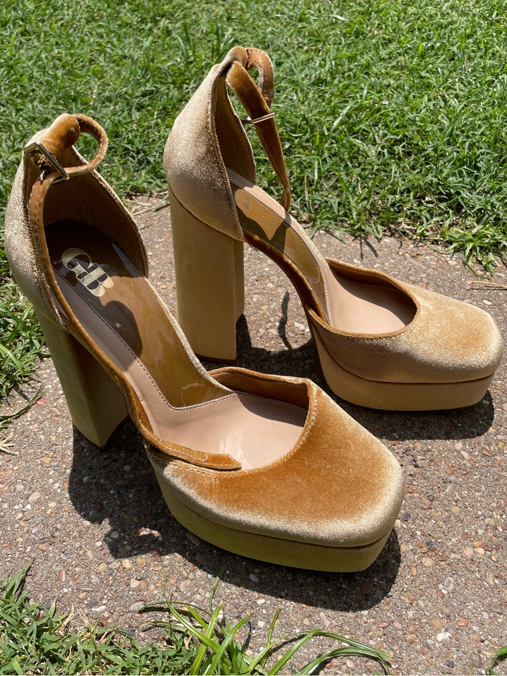 Chunky Platform Ankle-Strap Pumps in Gold Velvet